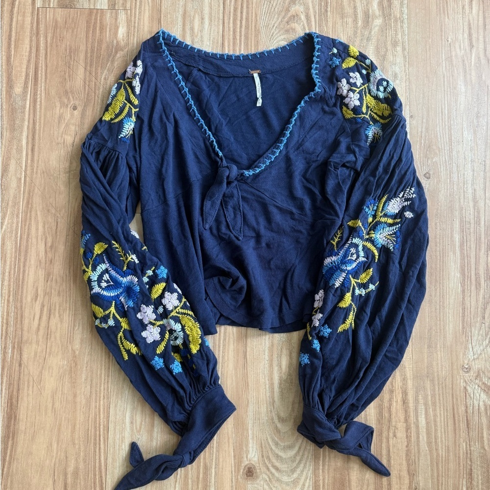Free People Kara Blue Embroidered Floral Long Sleeve Top